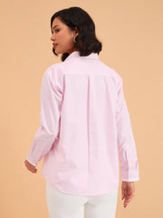 Women Pink Striped Roll Up Sleeves Shirt