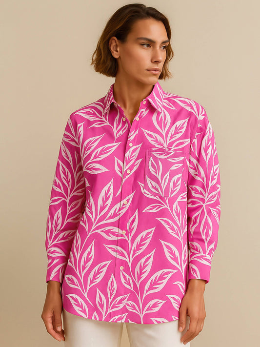 Women Fuchsia Tropical Floral Oversized Shirt