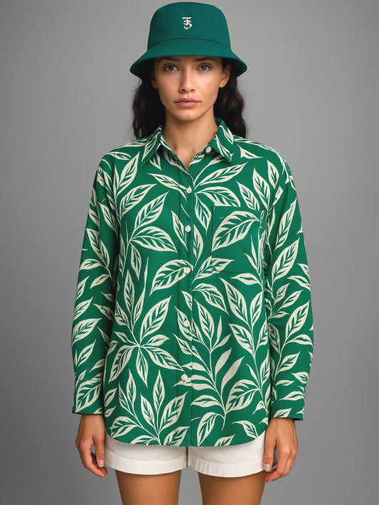 Women Green Tropical Floral Oversized Shirt