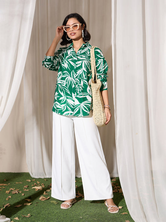 Women Green Tropical Floral Oversized Shirt