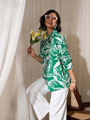 Women Green Tropical Floral Oversized Shirt