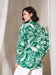 Women Green Tropical Floral Oversized Shirt