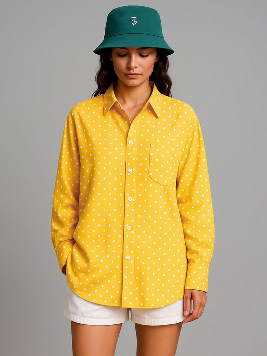 Women Yellow Pin Polka Dot Oversized Shirt