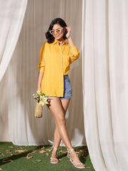 Women Yellow Pin Polka Dot Oversized Shirt