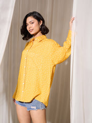 Women Yellow Pin Polka Dot Oversized Shirt