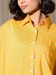 Women Yellow Pin Polka Dot Oversized Shirt