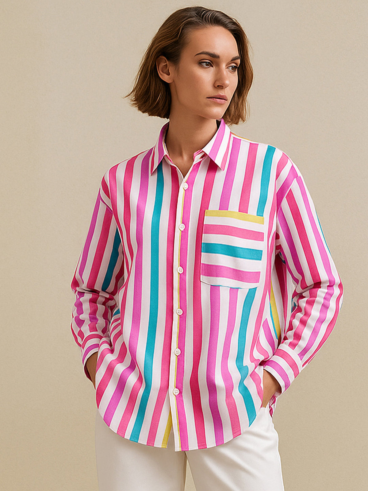 Women Pink Multi Stripes Pocket Detail Oversized Shirt