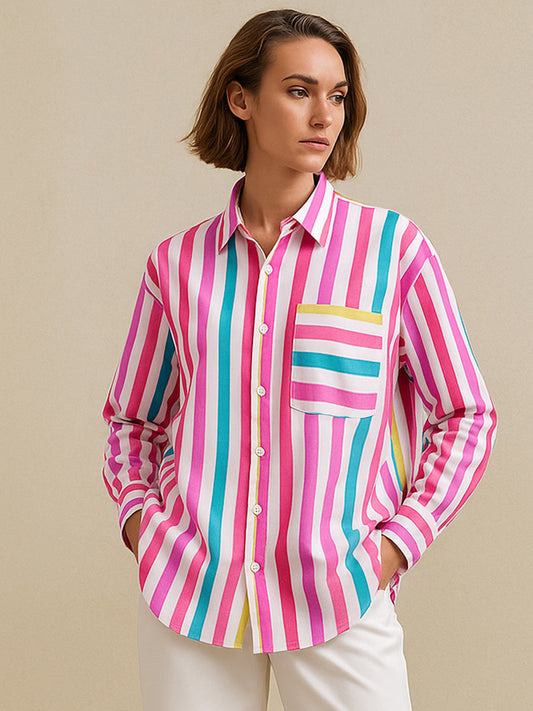 Women Pink Multi Stripes Pocket Detail Oversized Shirt