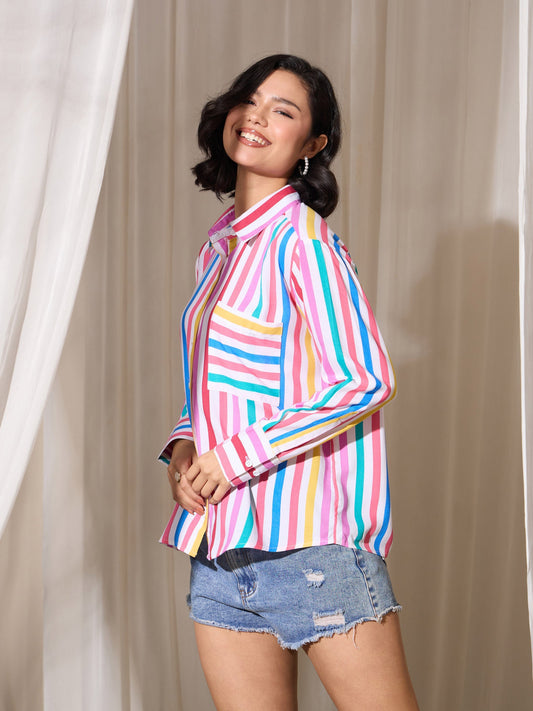 Women Pink Multi Stripes Pocket Detail Oversized Shirt