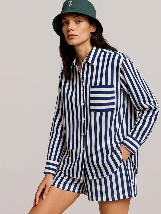 Women Navy Stripes Pocket Detail Oversized Shirt