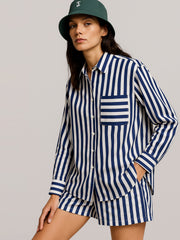 Women Navy Stripes Pocket Detail Oversized Shirt