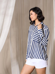 Women Navy Stripes Pocket Detail Oversized Shirt
