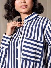 Women Navy Stripes Pocket Detail Oversized Shirt