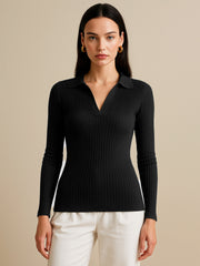Women Black Rib Polo Style V-Neck Neck Top