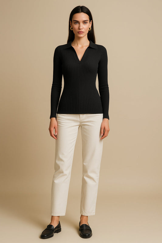 Women Black Rib Polo Style V-Neck Neck Top