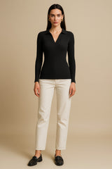 Women Black Rib Polo Style V-Neck Neck Top