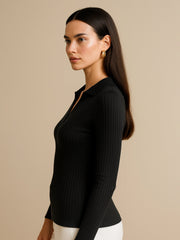 Women Black Rib Polo Style V-Neck Neck Top