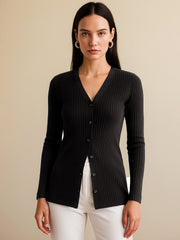 Women Black Rib Front Button Top