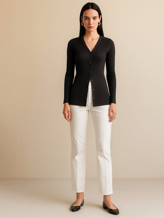 Women Black Rib Front Button Top