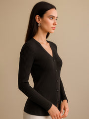 Women Black Rib Front Button Top