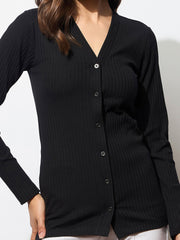 Women Black Rib Front Button Top