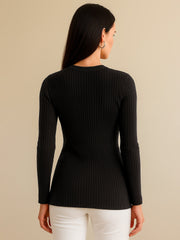 Women Black Rib Front Button Top