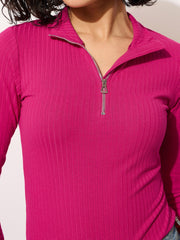 Women Fuchsia Rib Half Zipper Full Sleeves Top