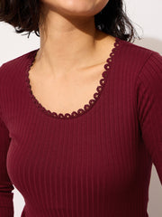 Women Maroon Rib Round Neck Full Sleeves Lace Top