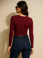 Women Maroon Rib Round Neck Full Sleeves Lace Top