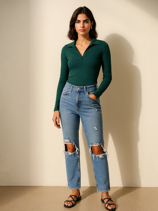 Women Emerald Rib Polo Style V-Neck Neck Top
