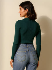 Women Emerald Rib Polo Style V-Neck Neck Top