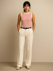 Women Red & Beige Stripes Sleeveless Crop Baby Tee