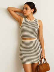 Women Black & Beige Stripes Sleeveless Crop Baby Tee