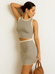 Women Black & Beige Stripes Sleeveless Crop Baby Tee