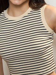 Women Black & Beige Stripes Sleeveless Crop Baby Tee