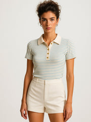 Women Blue & Beige Rib Stripes Polo T-Shirt