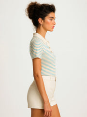 Women Blue & Beige Rib Stripes Polo T-Shirt
