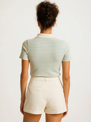 Women Blue & Beige Rib Stripes Polo T-Shirt