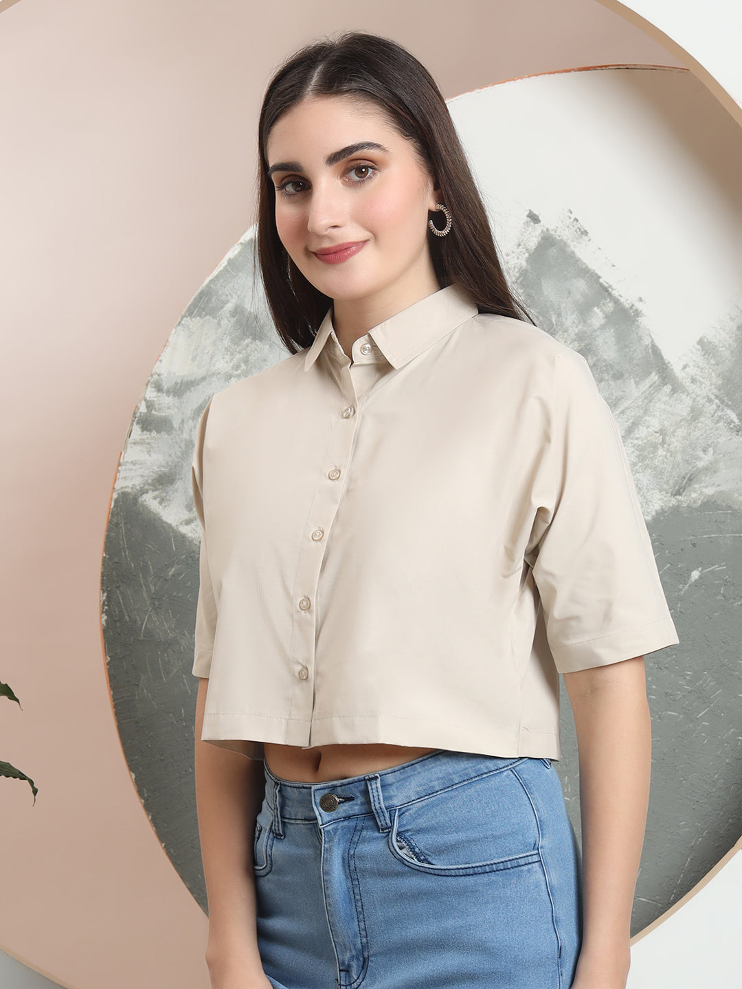 spread collar raglan sleeves regular fit casual crop shirt 3