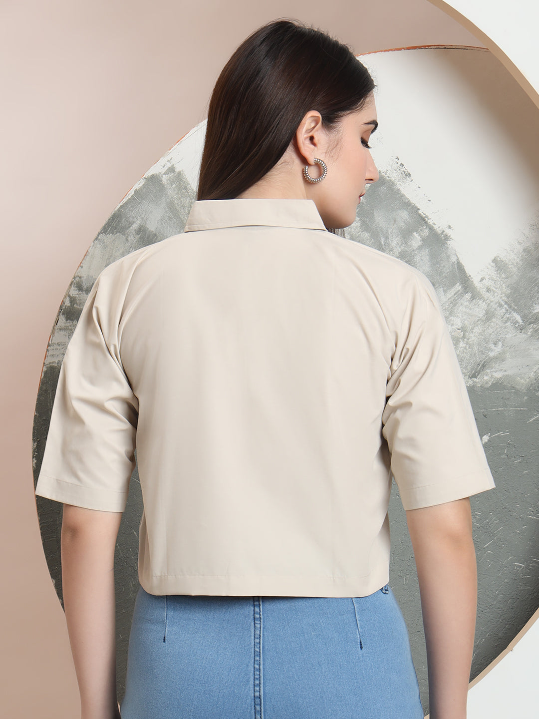 spread collar raglan sleeves regular fit casual crop shirt 3