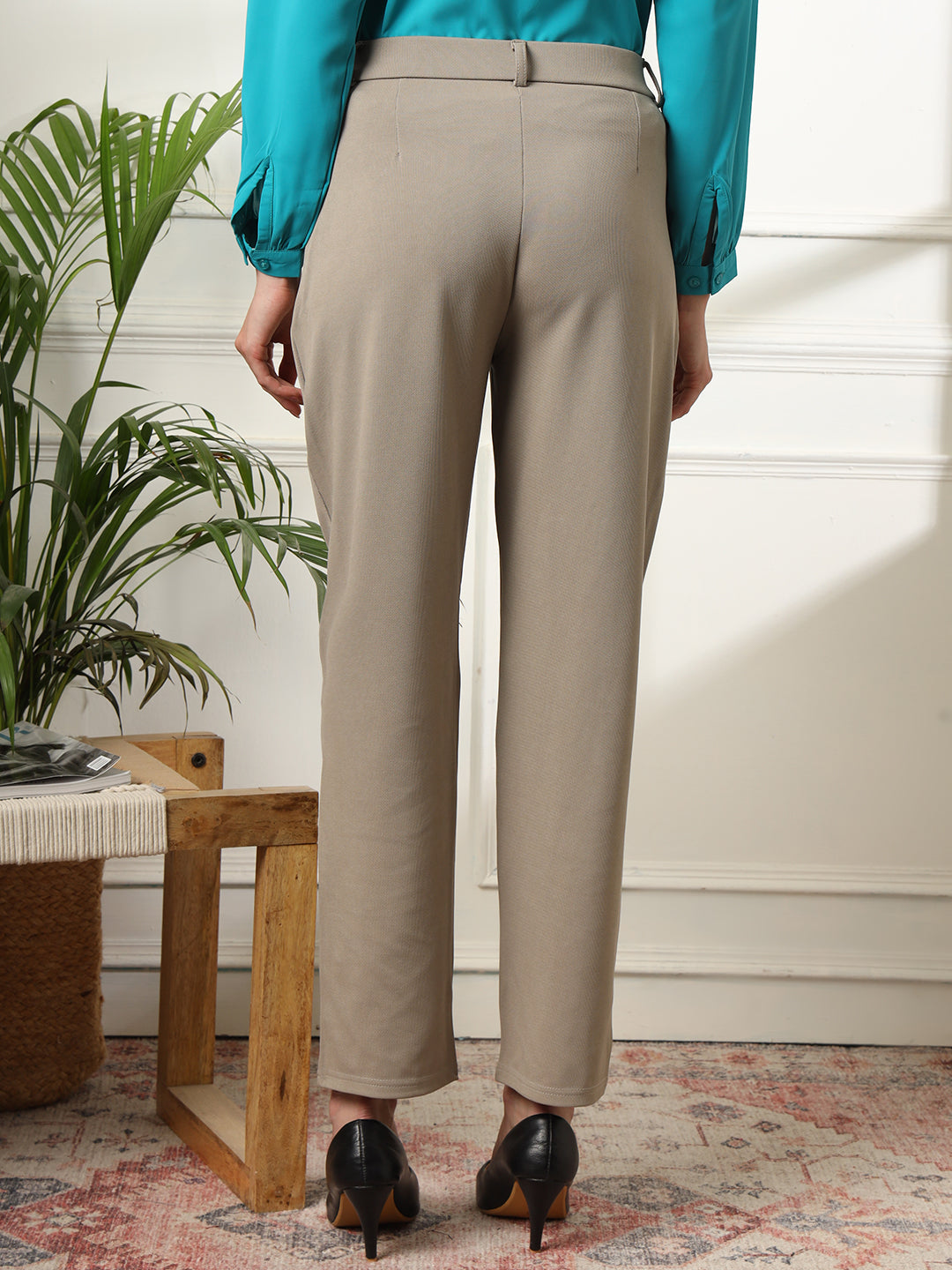 womens work straight high rise wrinkle free formal beige trousers