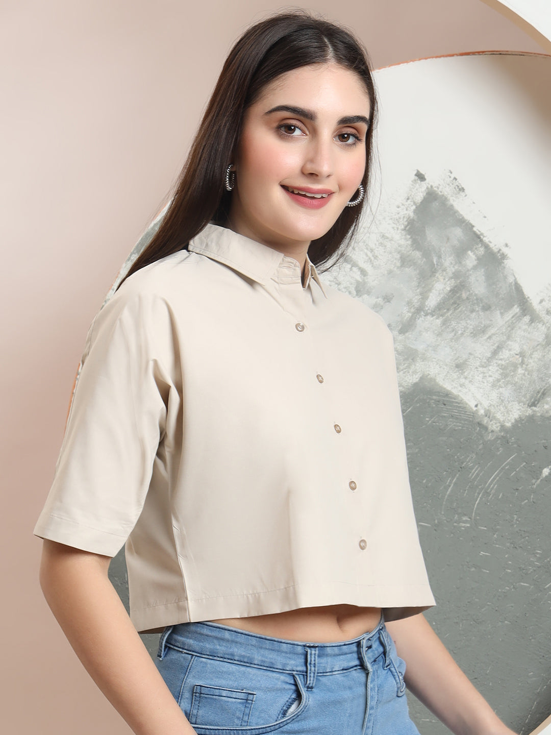 spread collar raglan sleeves regular fit casual crop shirt 3