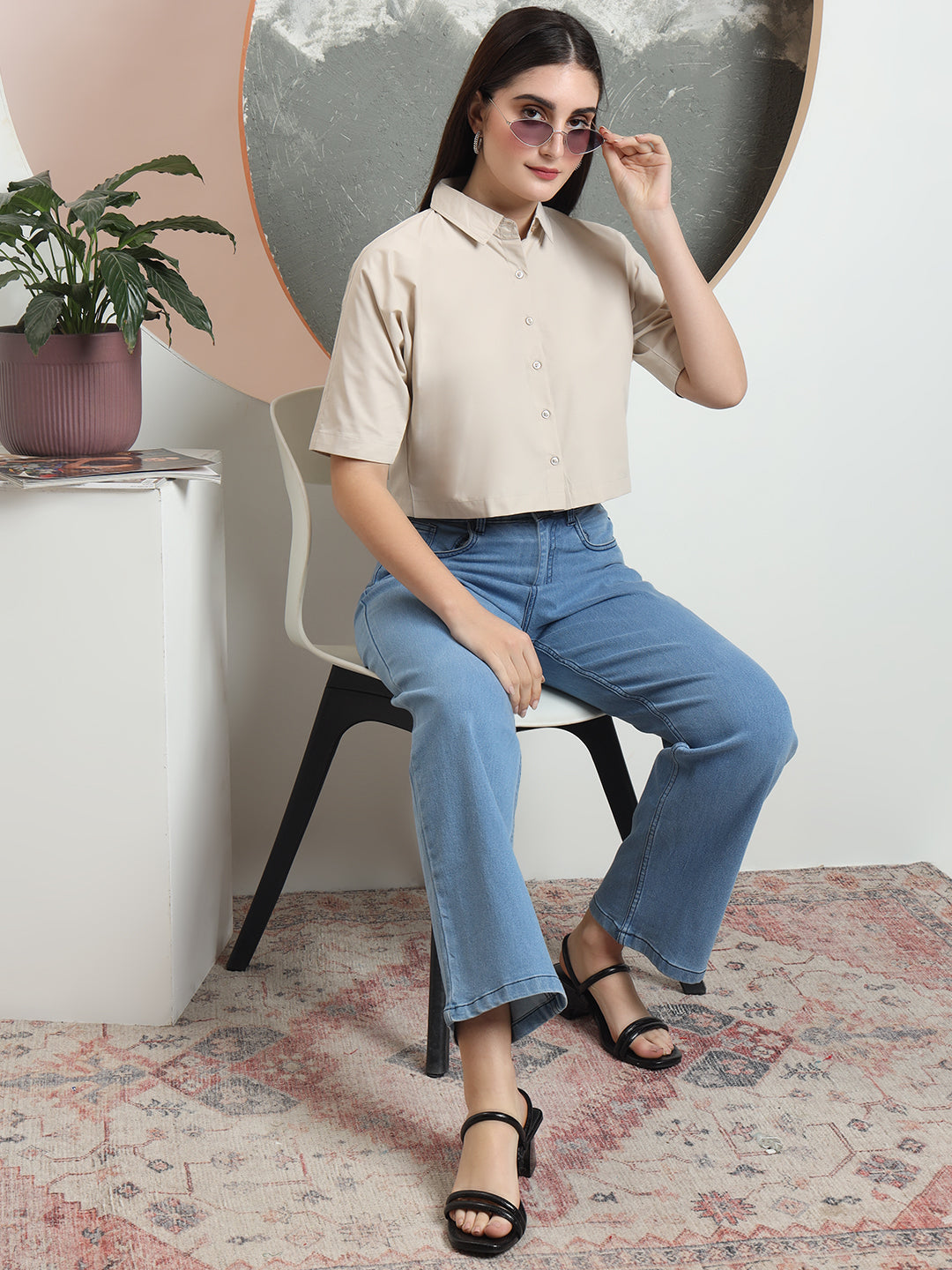 spread collar raglan sleeves regular fit casual crop shirt 3