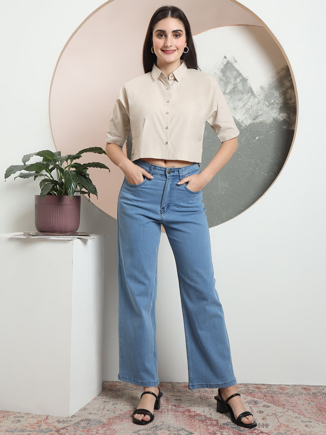 spread collar raglan sleeves regular fit casual crop shirt 3