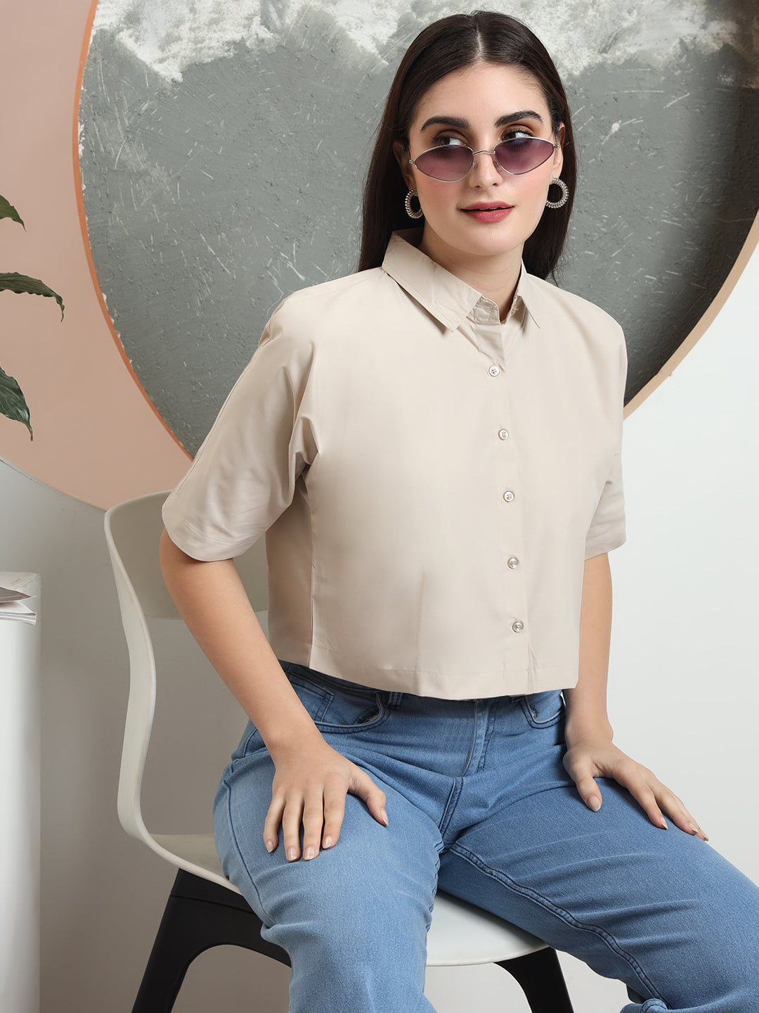 spread collar raglan sleeves regular fit casual crop shirt 3