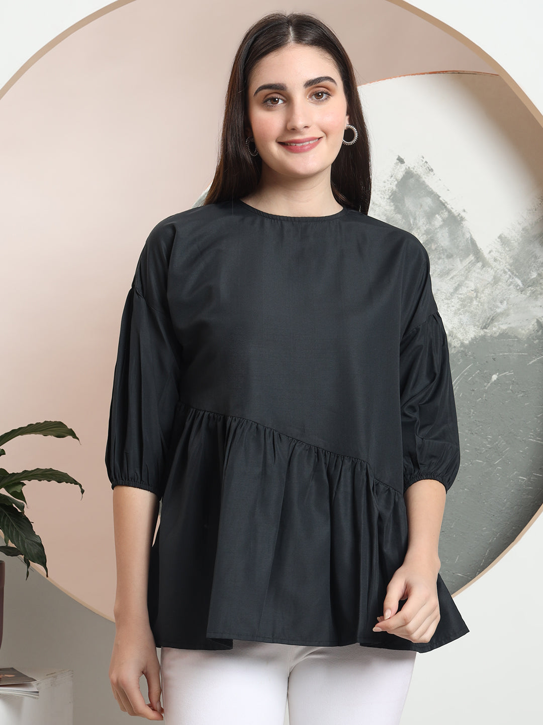 casual puff sleeves solid women top 1