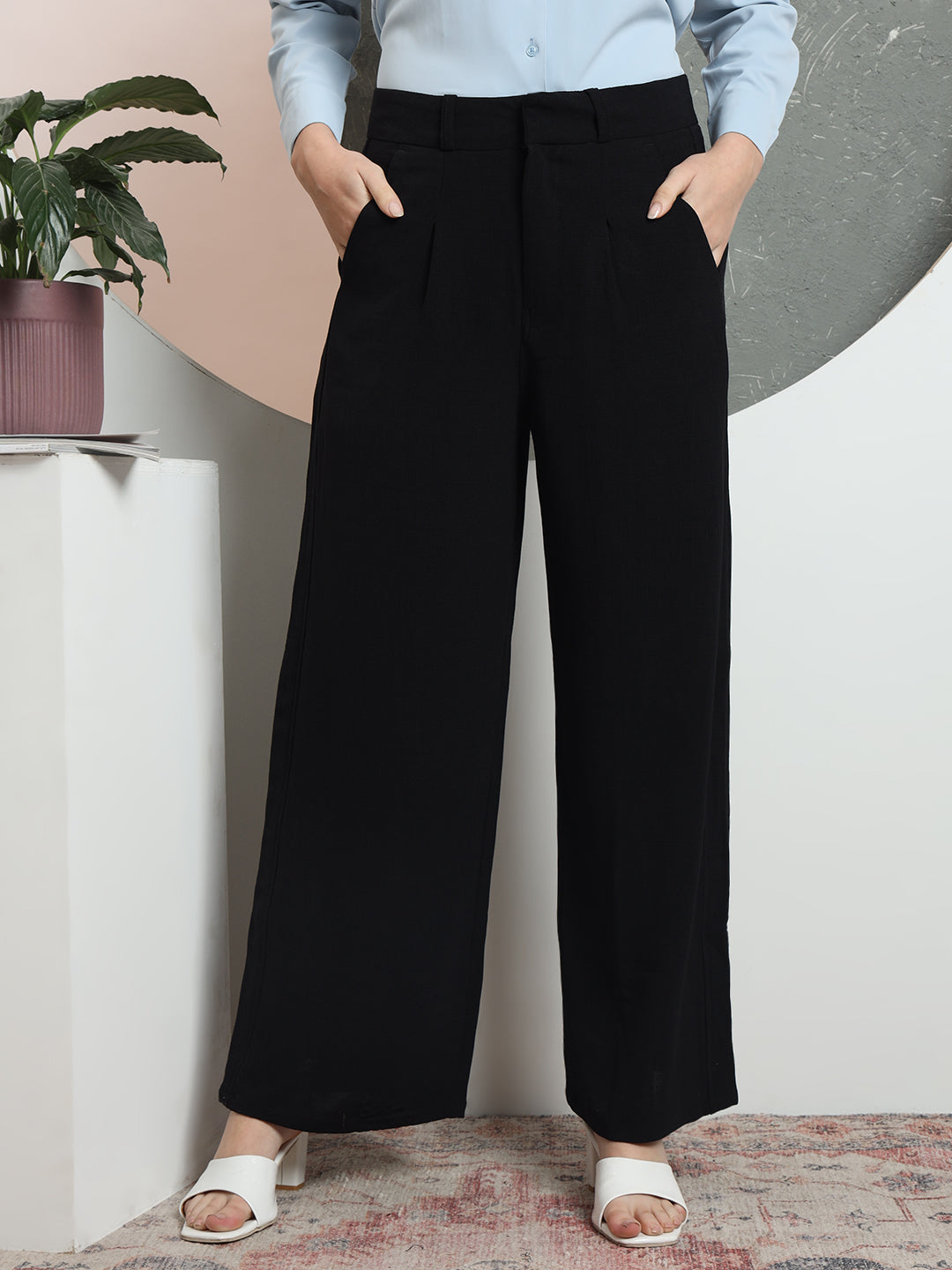 women relaxed flared high rise pleated formal trousers 2