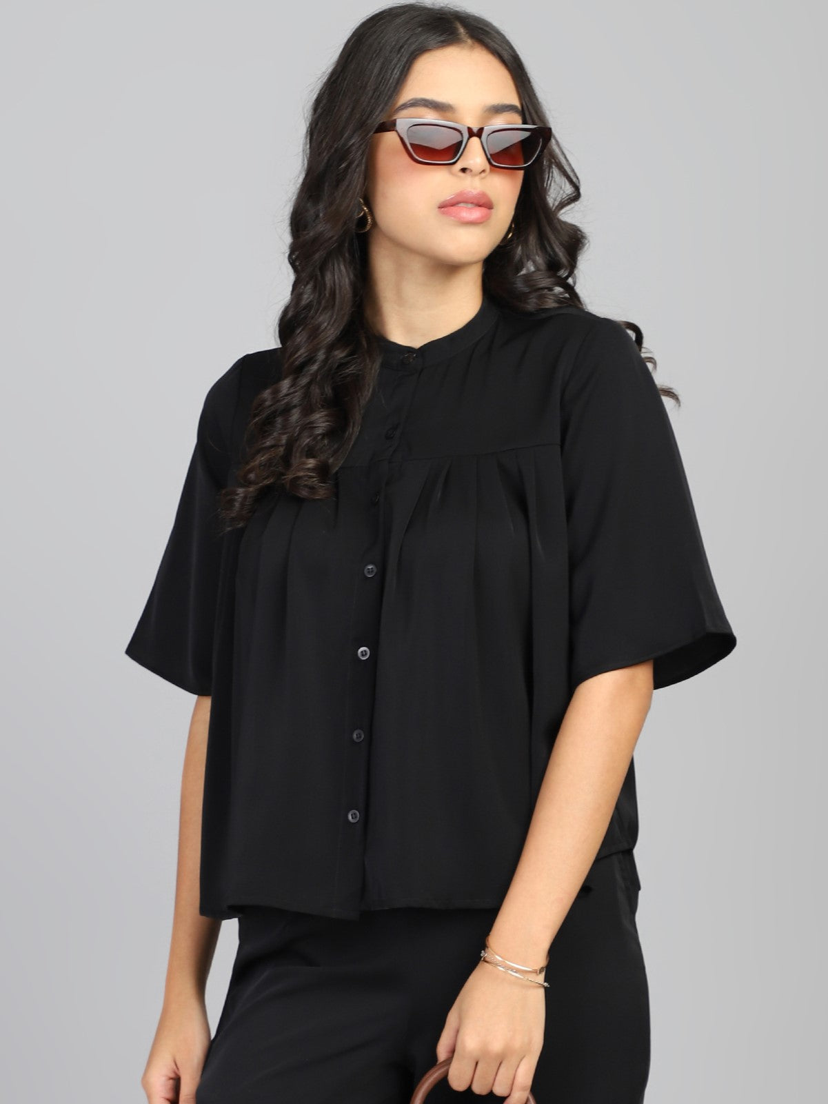 regular fit solid mandarin collar casual shirt 1