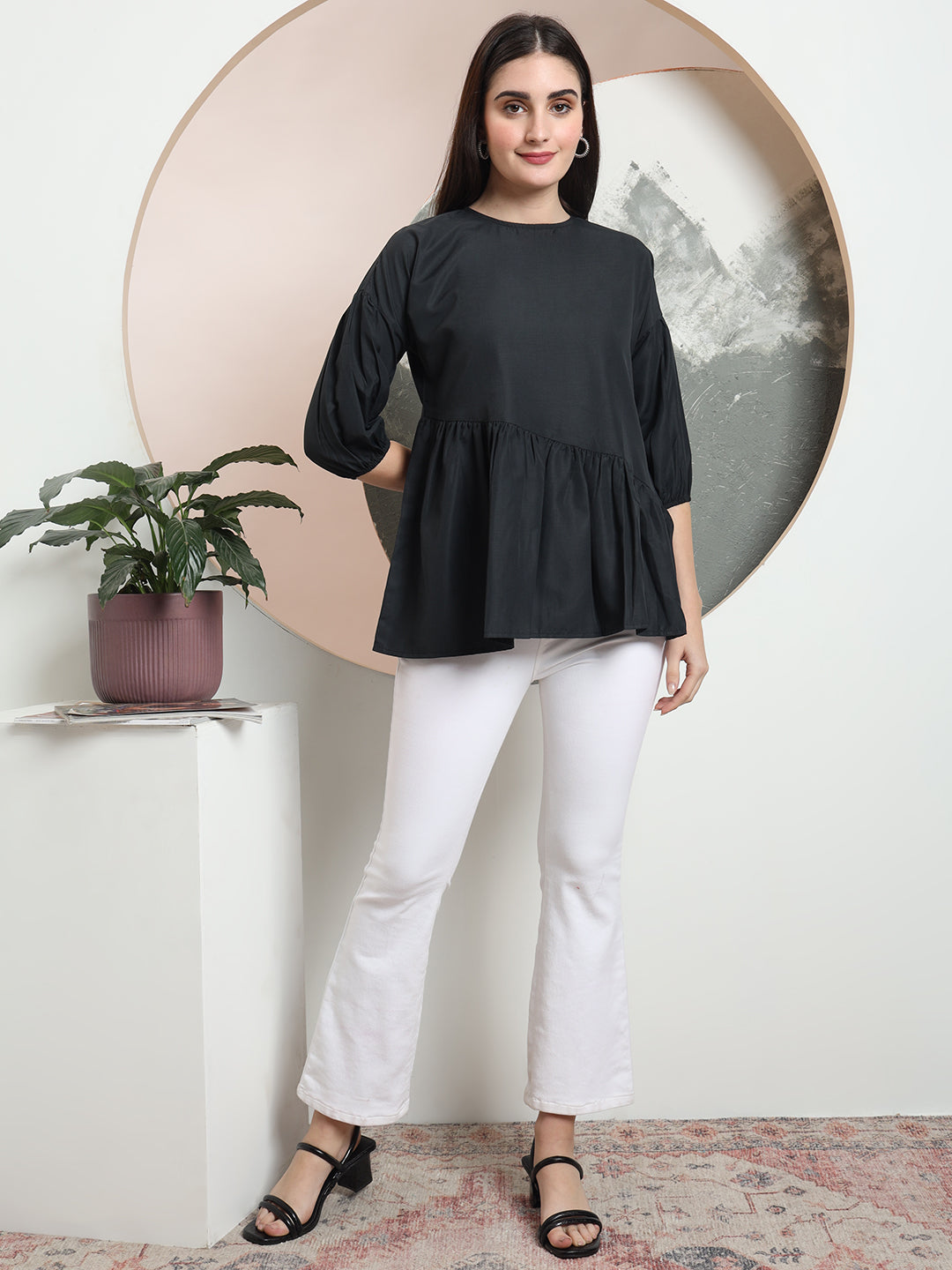 casual puff sleeves solid women top 1