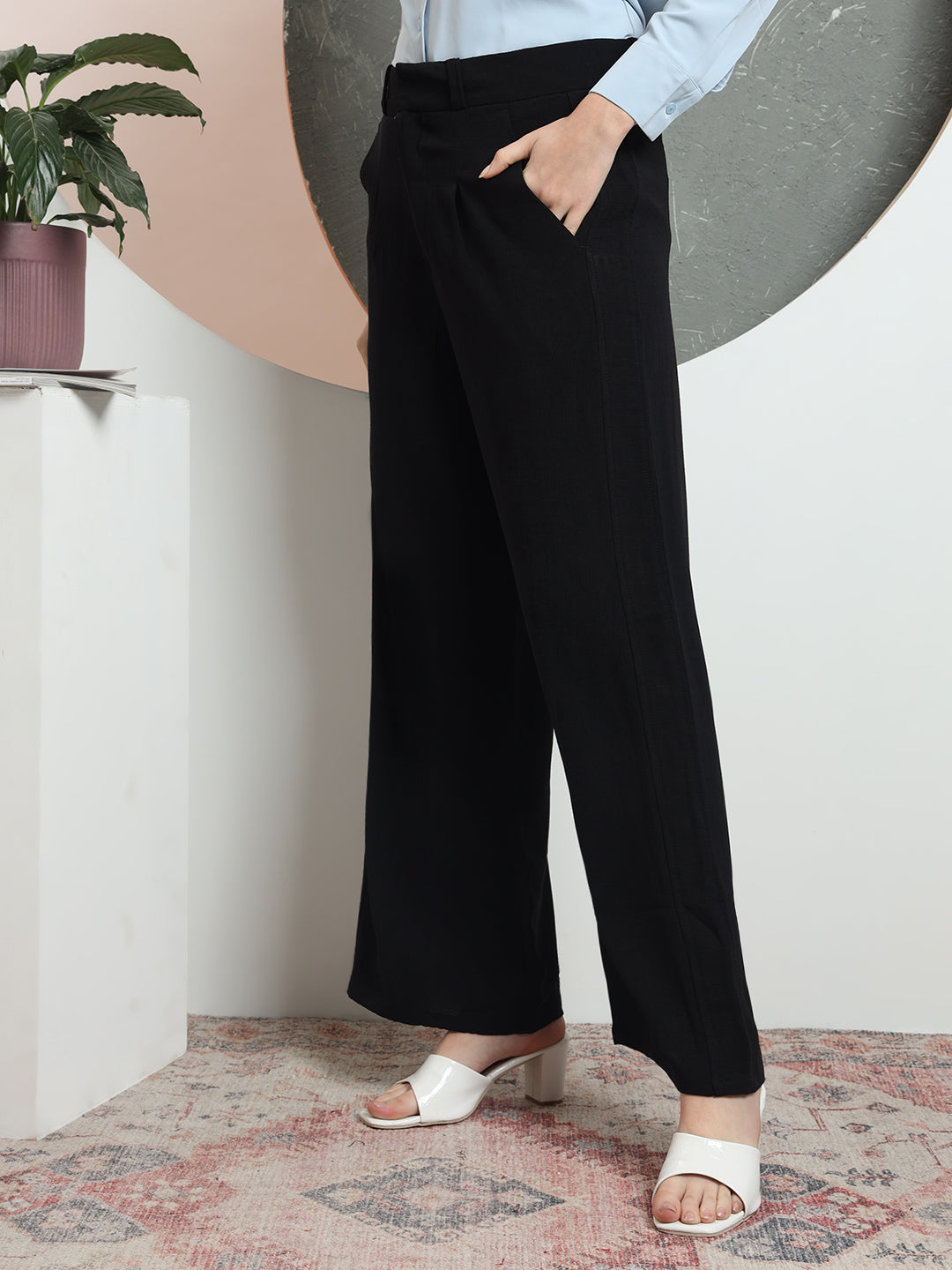 women relaxed flared high rise pleated formal trousers 2